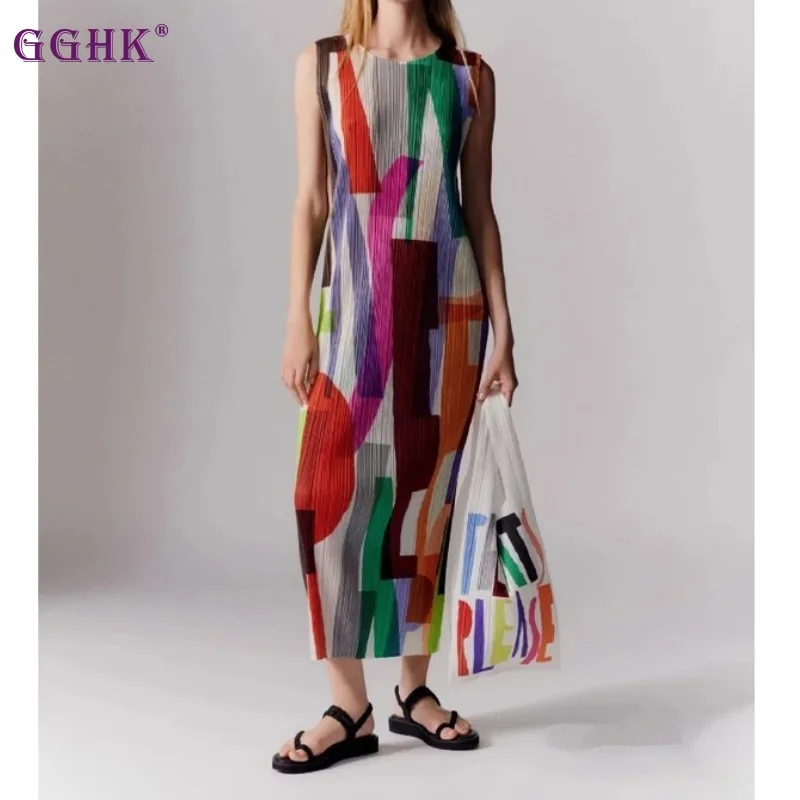 GGHK Pleated Women Casual Dress 2025 Summer New Round Neck Sleeveless Striped Printed Original Design Loose Large Size Dresses