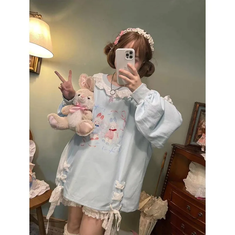 مكتب سيدة مودا اليابان س الرقبة المرقعة الدانتيل تصميم البلوفرات فضفاضة Y2k الجمالية الصليب الدانتيل يصل بلايز عادية فاسق فتاة الملابس #1