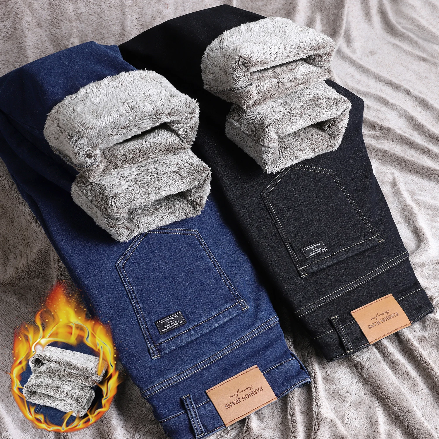 Winter Fleece Warme Jeans Mannen Business Rechte Denim Broek Pluche Massaal Werk Dikke Buiten Broek Mannelijke Plus Size 28-40