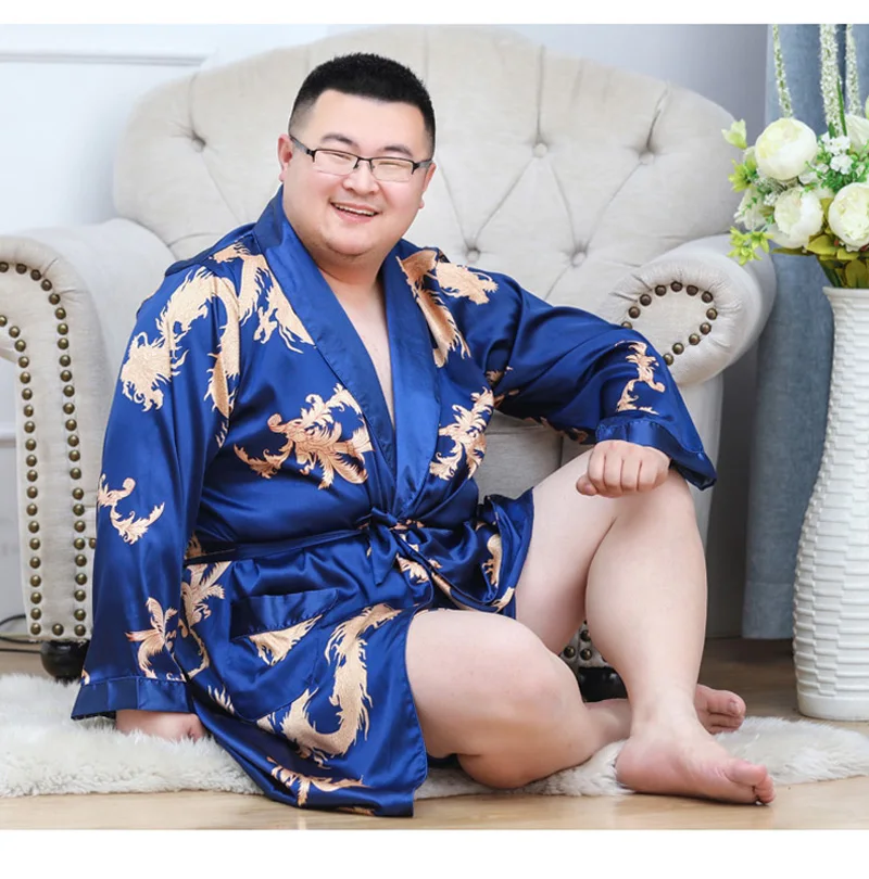 Plus Size 5XL Kimono Robe Luxury Men\'s Silky Long Sleeve Dragon Printing Dressing Gown Bathrobe Sleeprobe Male Lounge Home Wear