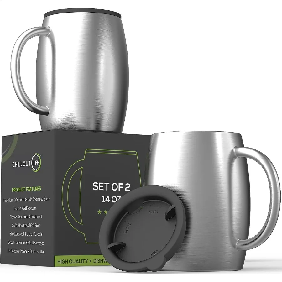 

CHILLOUT LIFE Stainl Steel Insulated Coffee Mugs Set of 2 14oz Double Wall Coffee Cups with Spill Resistant Lid Strong Handle S