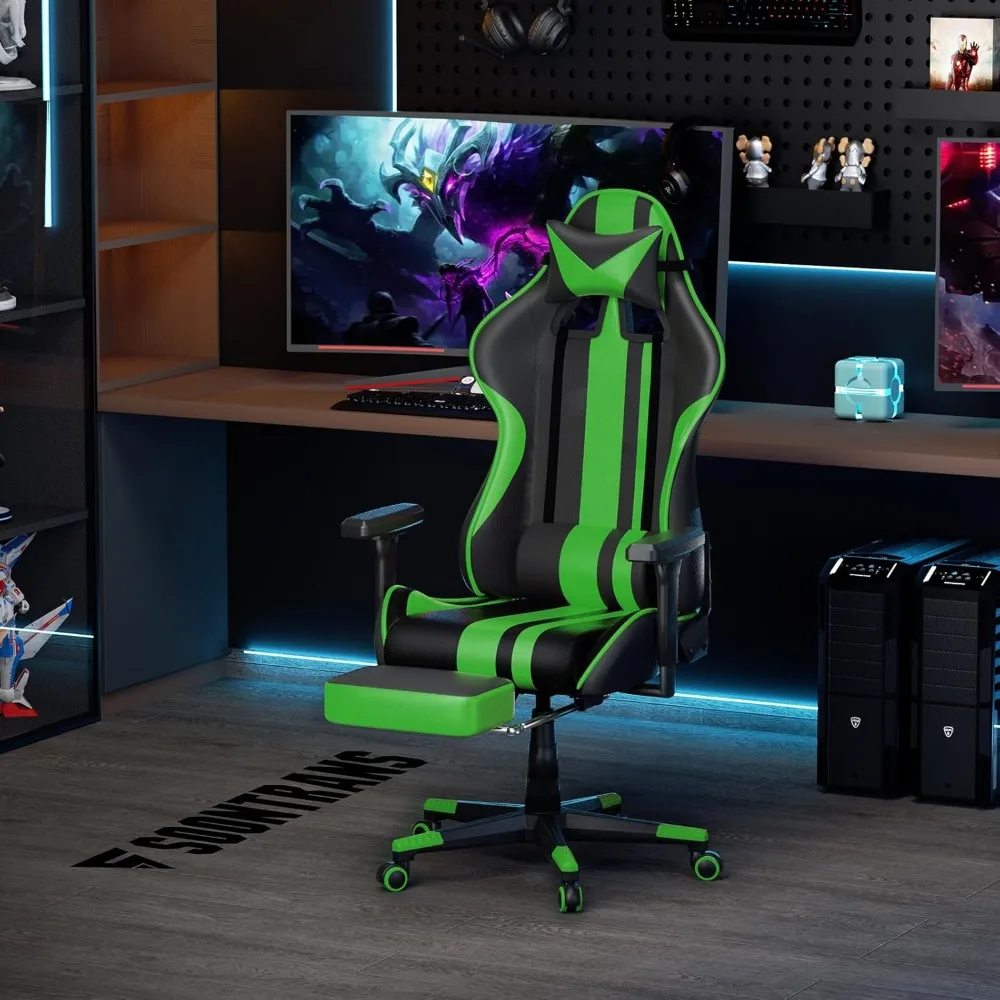 Gaming Chair with Footrest, Leather Ergonomic with Massage Lumbar Support & Headrest, Up To 300 Pounds, Esports Chairs