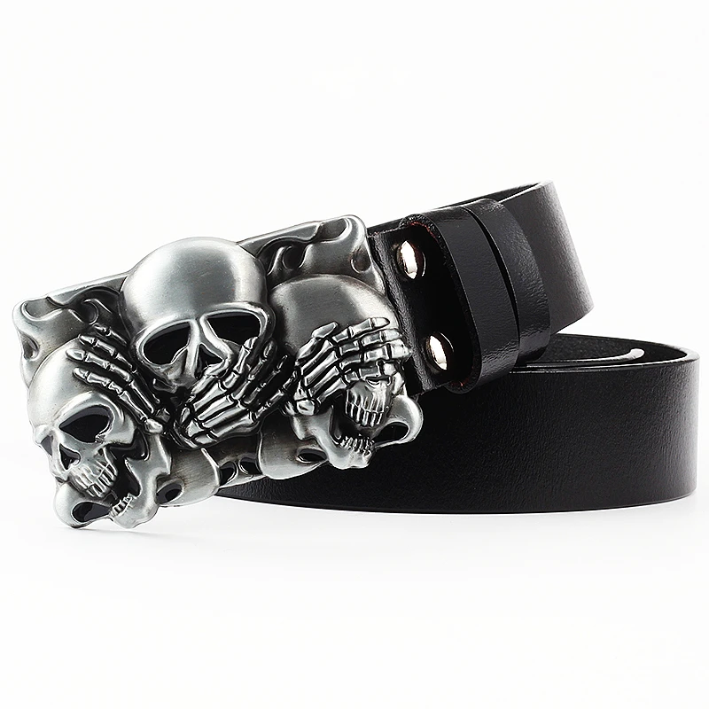 Fashion Hip Hop Style Belt Death\'s Head Skull Buckle Cowskin Leather Belt Crossbones Skeleton Reggae Heavy Metal Rock Decorative