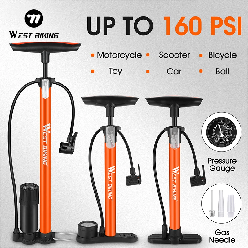 Image of WEST KIKING Fahrradpumpe mit Manometer, Multifunktions-Luftpumpe für Fahrräder und Autos, 160 PSI mit Hochdruck-Manometer, 3-in-1-Düse, Luftpumpe