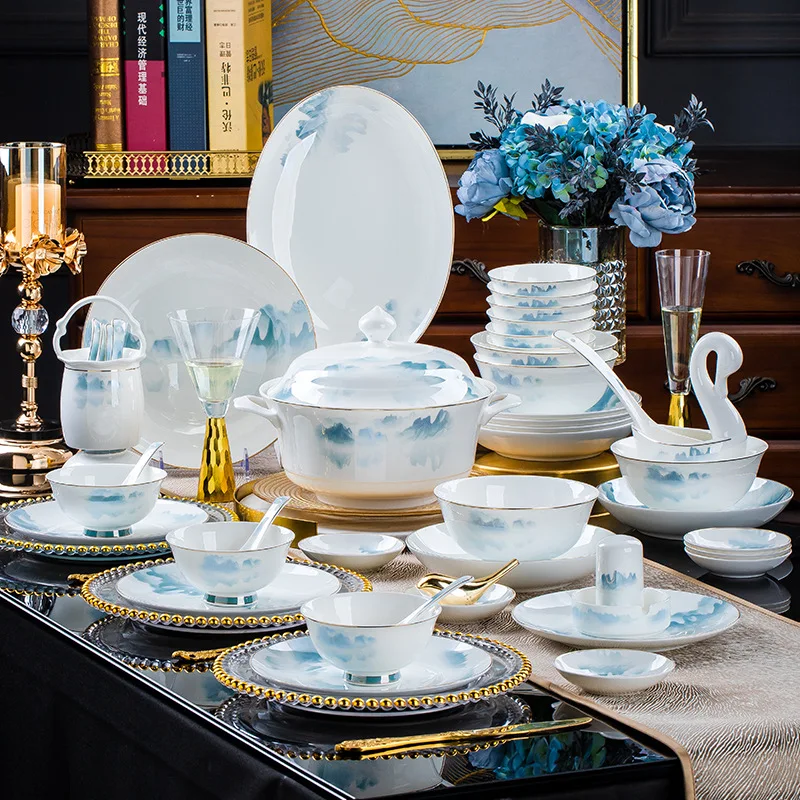 chinese landscape porcelain plates dinner sets full set ceramic fine floral china dinnerware set jogo de jantar Bowl set