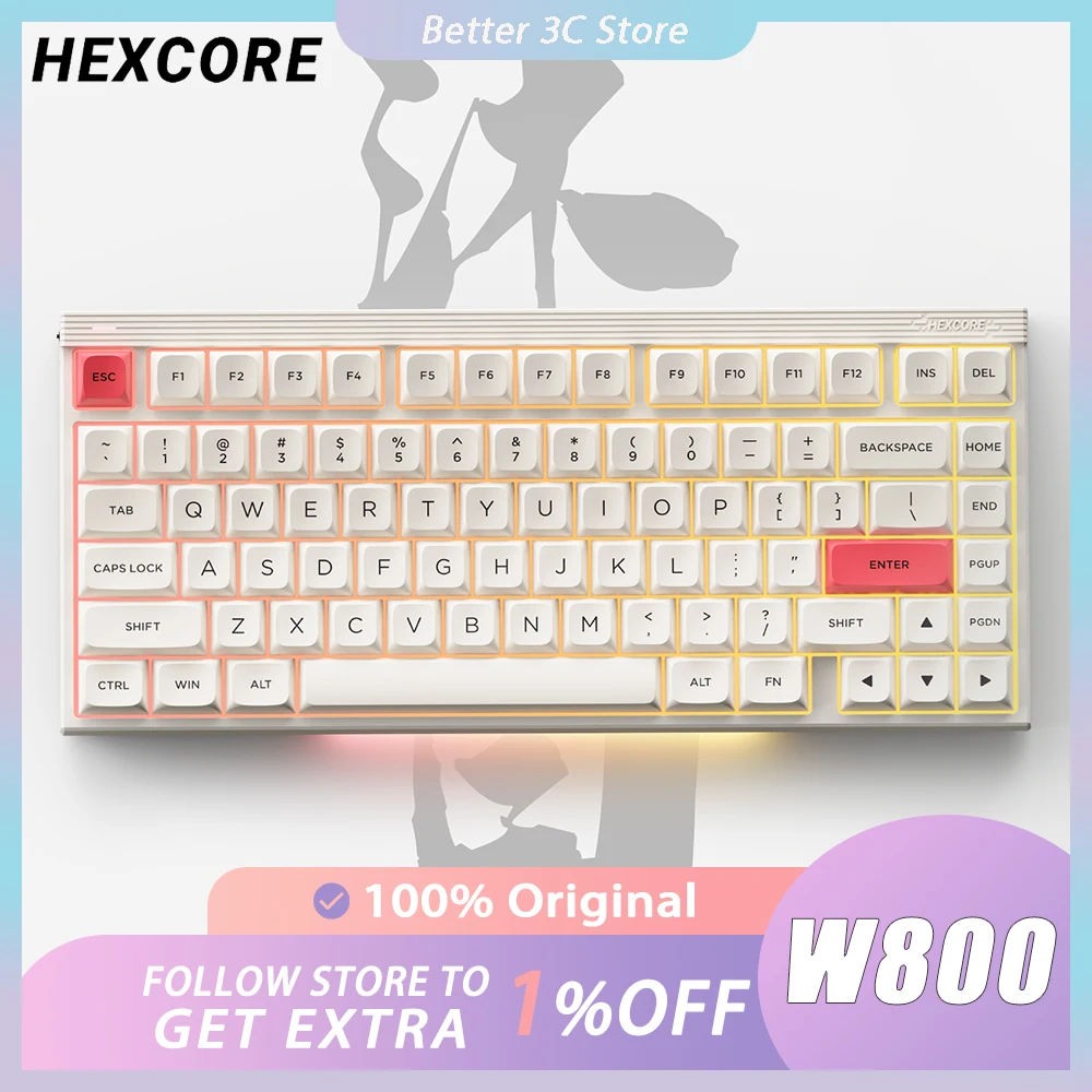 

HEXCORE W800 Mechanical Keyboard Three Mode RGB Backlght Hot Swap Gaming Keyboard PBT Keycaps Low Delay Ergonomics PC Gamer Gift