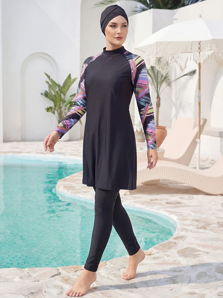 3PCS/set elegant Burkini dignified swimsuit long sleeved line printed Muslim long sleeved women's swimsuit beachwear