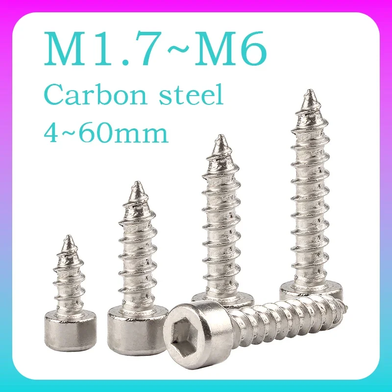 5~100 Pcs Nickel-Plated Hexagon Socket Cup Head Self Tapping Wood Screw M1.7 M2 M2.3 M2.6 M3 M3.5 M4 M5 M6 Carbon Steel 8.8Grade