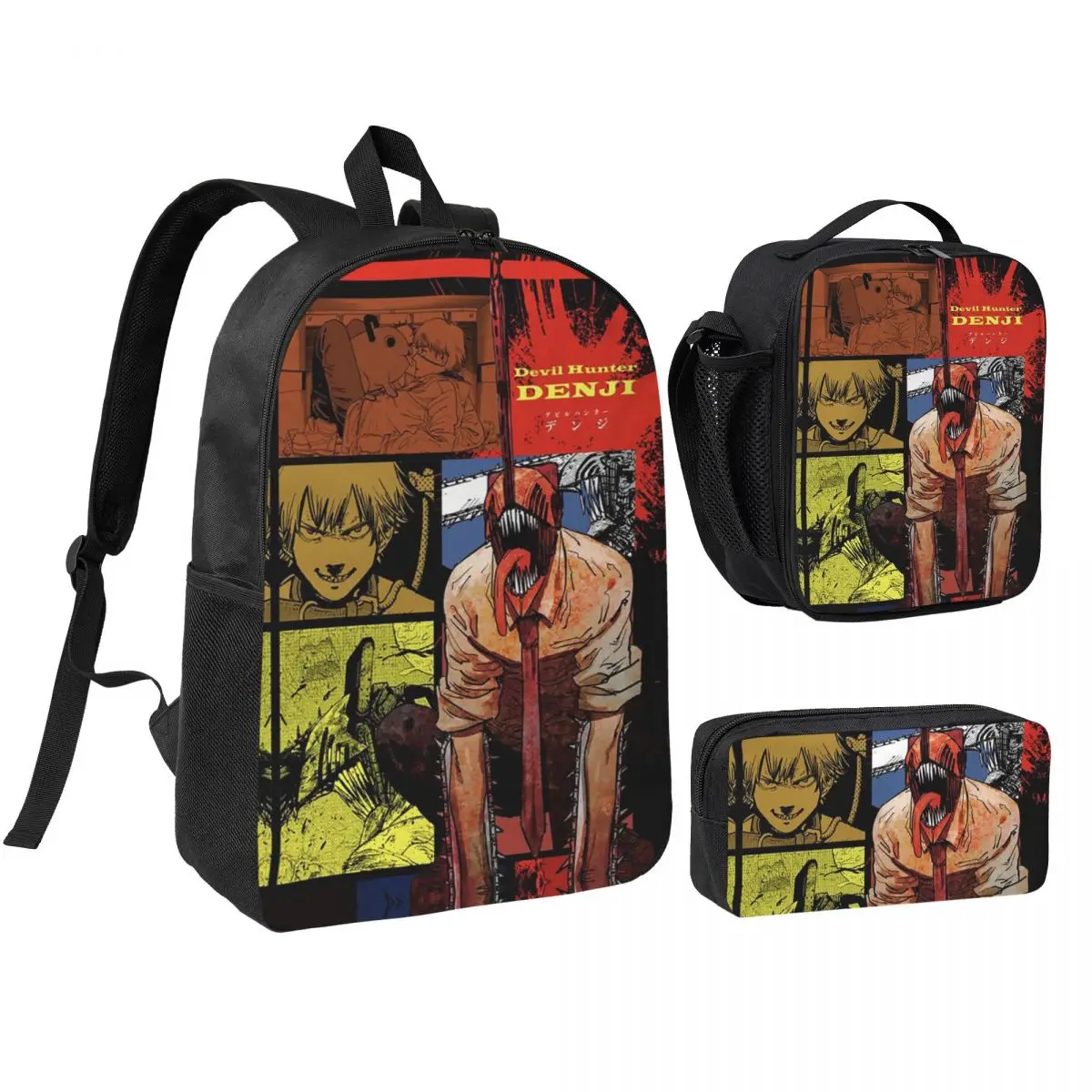 3pecs/set Chainsaw Man Denji Backpack for Student Pochita Devil Makima Anime Shoulder Bag Lunch bag Pencil Case