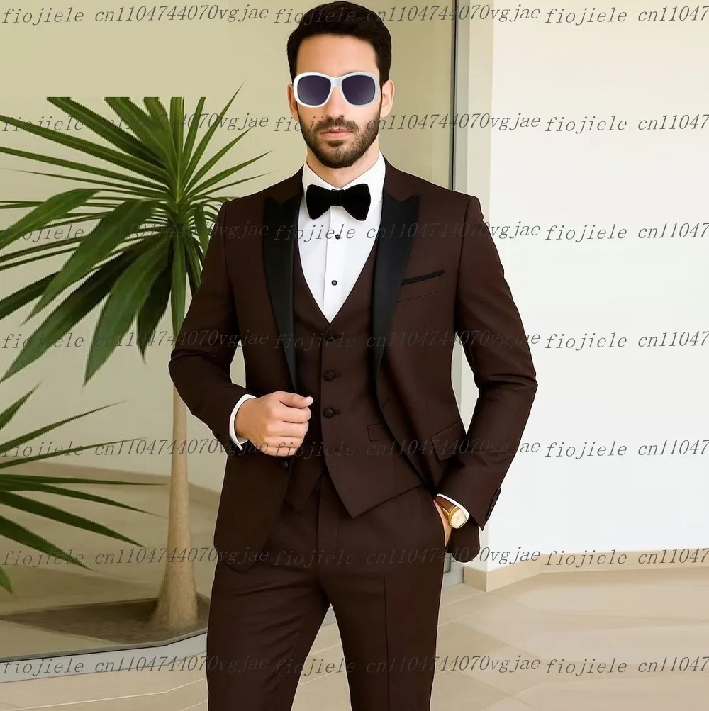 

Новый темно-коричневый мужской костюм с черным воротником, официальная свадебная вечеринка, жених, жених, деловые мужские смокинги, комплект из 3 предметов, куртка, жилет, брюки