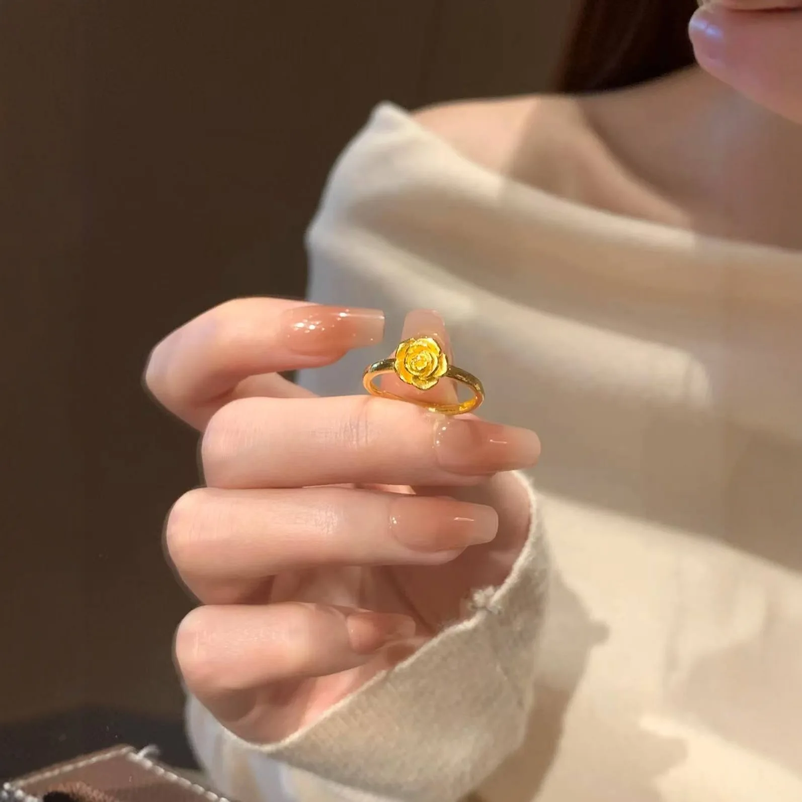 9999 Gold Rose Flower Open Ring - Women's Fashion Luxurious Simple Ring with Flower Design - Adjustable Ring