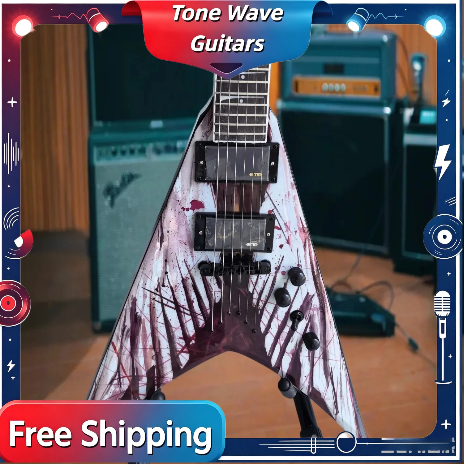 New Death Angel V Blood Splash Art Peach Blossom Wood HH Pickup Sawtooth Moon Inlaid Dark Alien Electric Guitar Free Shipping