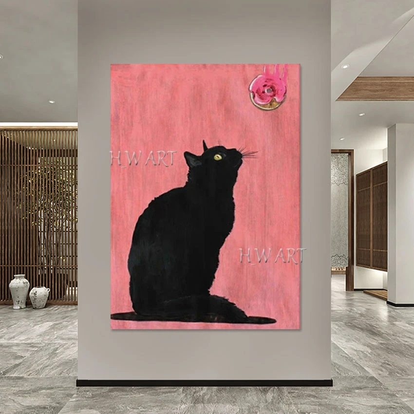 Pink Artwork, Canvas Picture, Beautiful Animal Art Wall, No Framed, 3D Black Cat Cartoon Abstract Painting, Acrylic Decor Piece