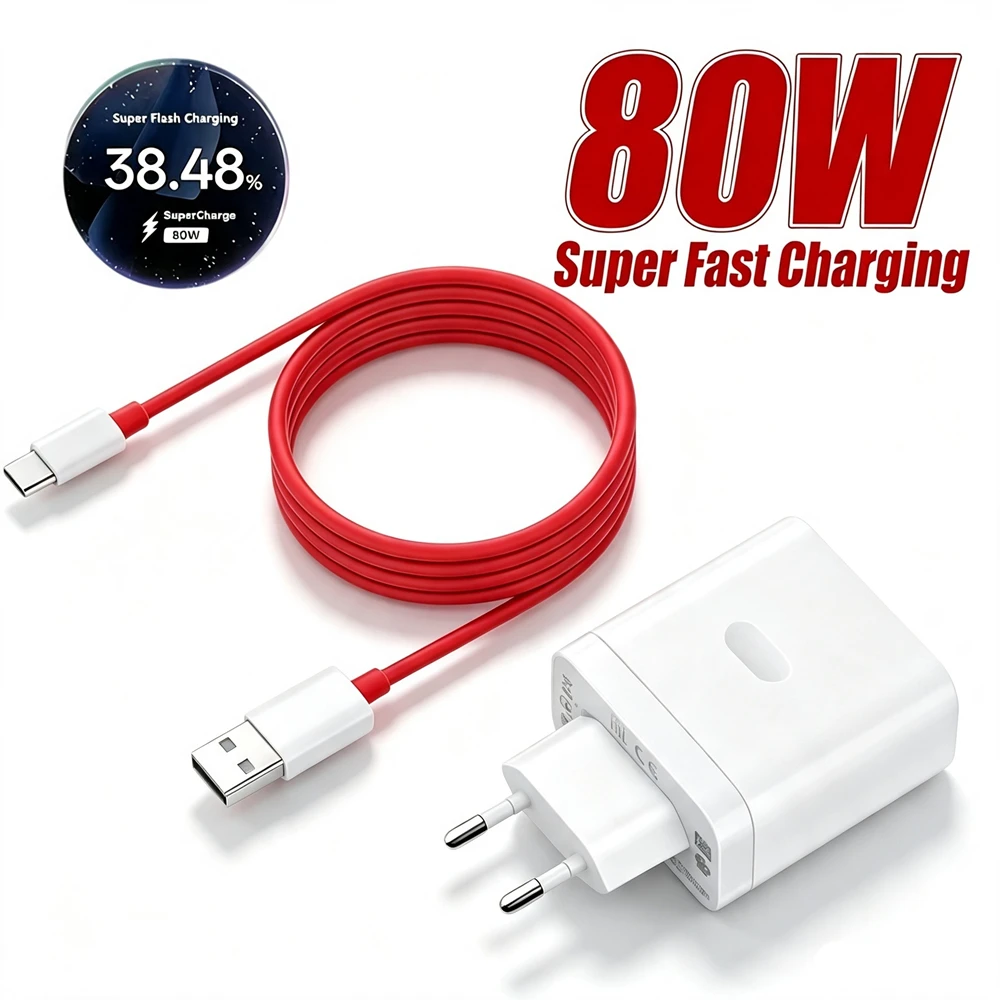 80W Super Flash Charger For OnePlus 9 10 11 12R 13 Nord 2T N300 CE 2 3 Lite ACE 2 3 5 OPPO Realme Fast Charging Type C USB Cable