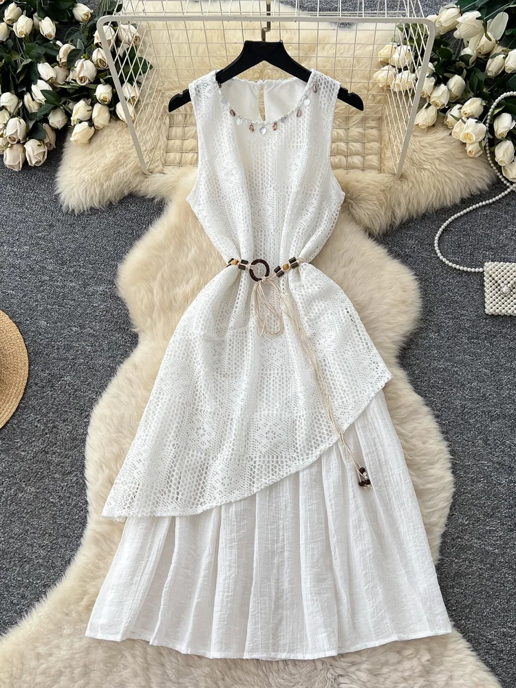 Retro Design Asymmetrische aushöhlen Gestrickte Gürtel Taille rund Ne Svel Dr Frauen Hohe Taille A-Linie Sommer Pendeln