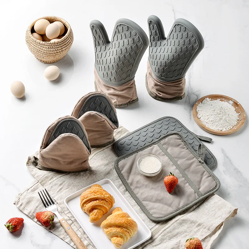 Water Drop Silicone Oven Mitts Set Heat Resistant Kitchen Baking Gloves Cotton Thickened Microwave Safe Heat Insulation Gloves