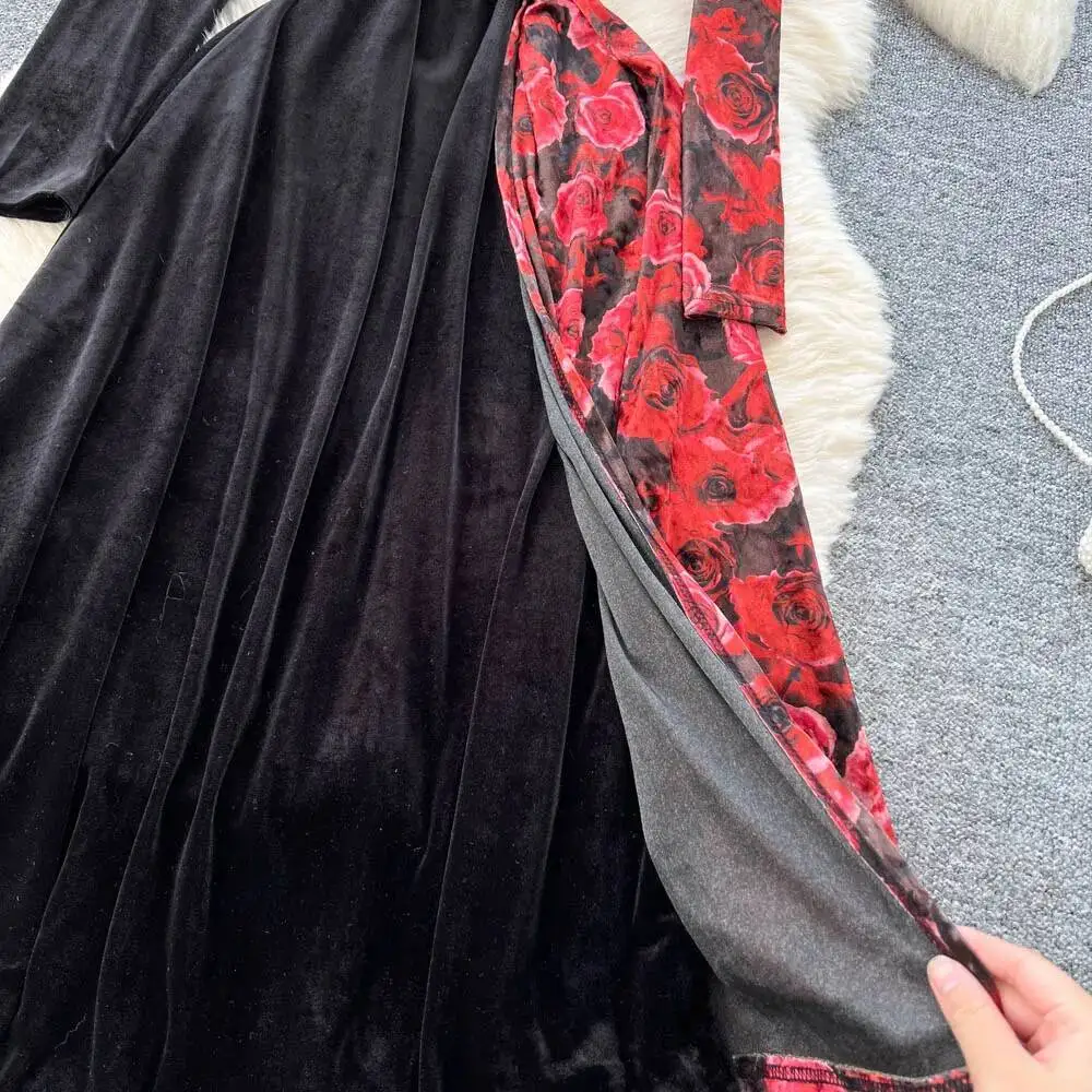 Sexy long sleeve print Spliced velour split Dress vintage Elegant Women Party basics korean fashion dresses