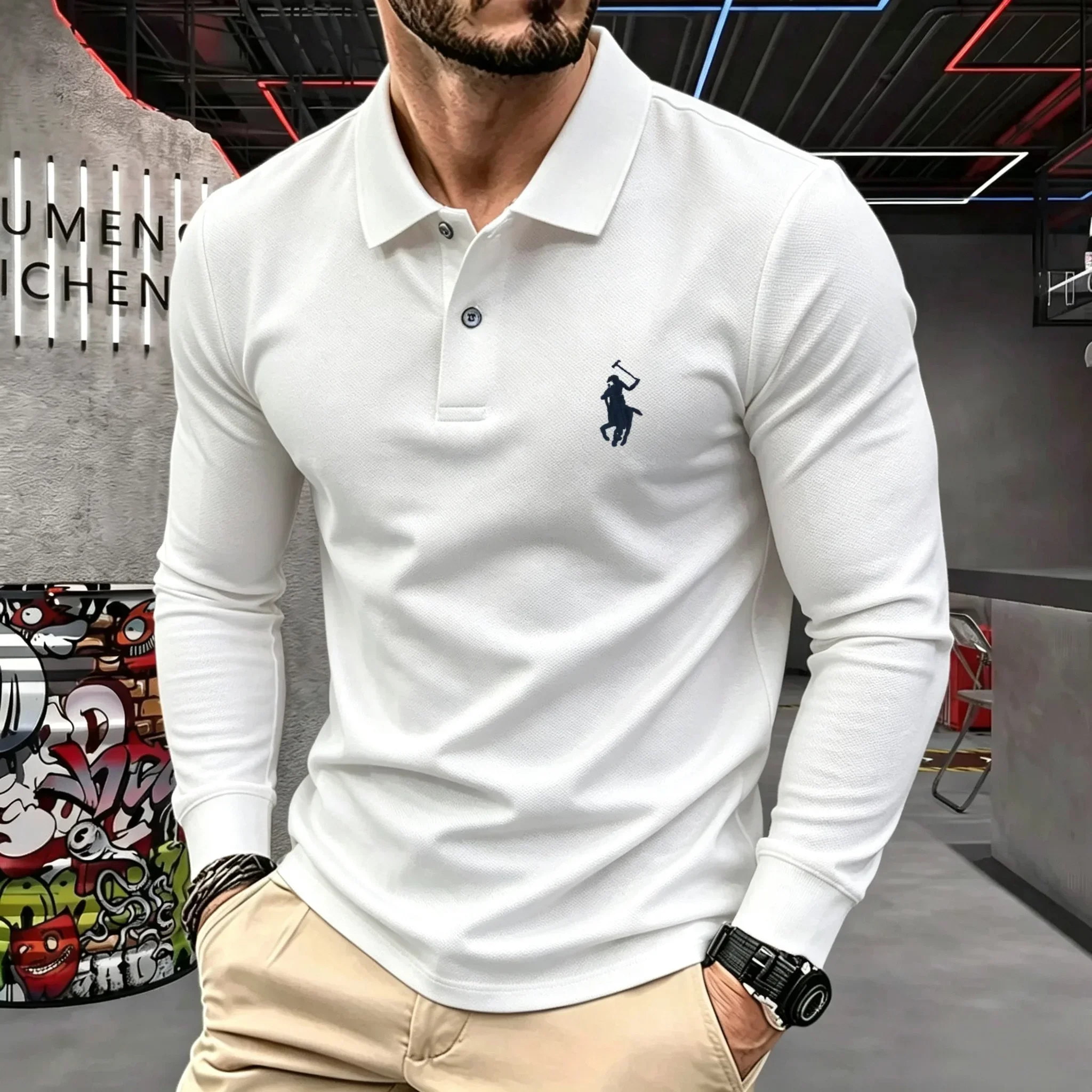 100% reine Baumwolle, hochwertiges Marken-Herren-Langarm-Poloshirt, Herbst-Winter, modisch, luxuriös, bestickt, Golf-Oberteil, lässiges T-Shirt – Detail 20