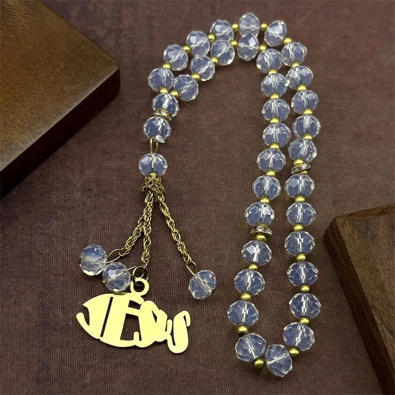 

Stainless Steel Jesus Christ Car Pendant for Women Men Silver Color Christian Ichthys Fish Glass Prayer Beads Chain Jewelry