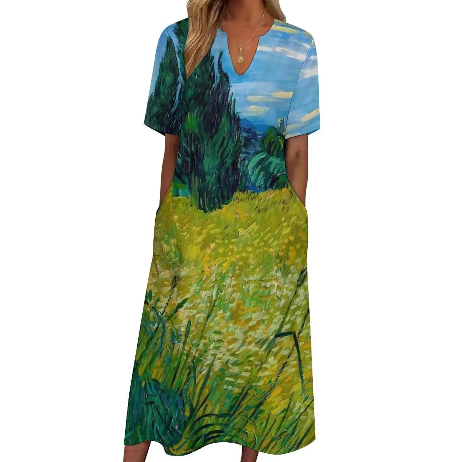 Van Gogh Dress Green Wheat Field Cute Maxi Dress V Neck Pattern Casual Long Dresses Street Wear Big Size Vestidos