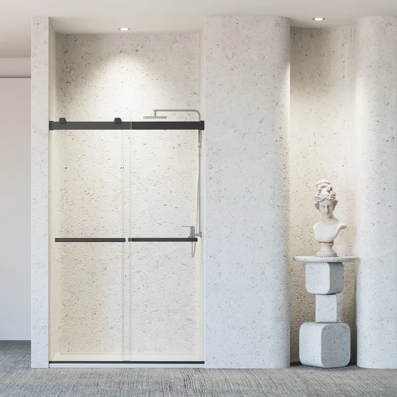 

Frameless Double Sliding Shower Door, 46-48" W x 76" H, 8mm Tempered Glass, Matte Black Finish, Soft-Close Mechanism