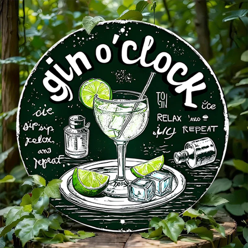 Decoración de la habitación 1 pieza Gin O'Clock Letrero redondo de aluminio - Arte de pared de metal de inspiración vintage, placa retro de bebida de hielo y limón para el bar en casa, D
