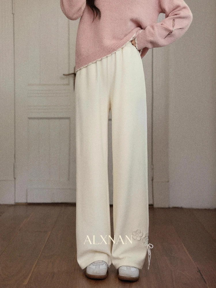 

ALXNAN Women's Pants High Waisted Wide Leg Beige Trousers with 3D Flowers Wrinkle Resistant Casual New Fall Fashion Pants L57218