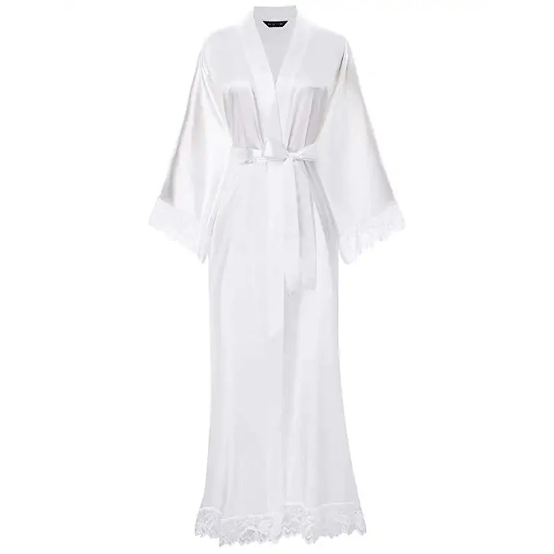 Summer Lace Patchwork Satin Kimono Robe Sexy Sleepwear Lingerie Chemises Women Silk Long Nightgown Wedding bridesmaid Robes