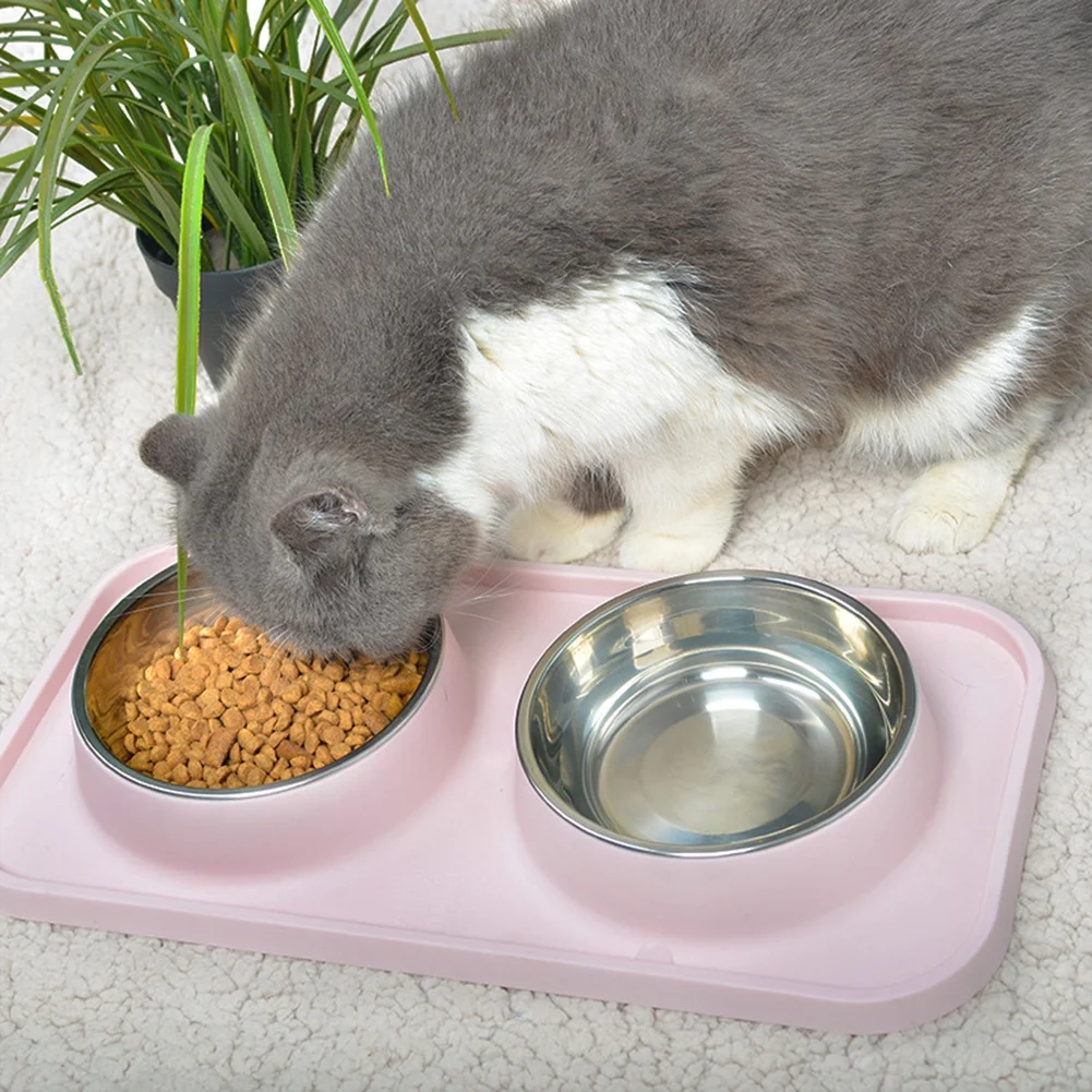 Double Dog Bowl With Silicone Mat Non-Slip Cat Bowl Stainless Steel Water Food Feeder Pet Feeding Drinking Bowls for Dogs Cats