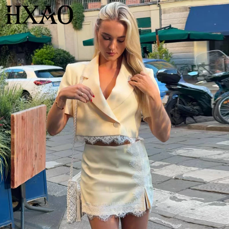 HXAO Spitzen-Set mit gelben Shorts und Röcken, Sommeranzug für Damen, kurzärmlige Blazer-Outfits, Mini-High-Waist-Culottes, Strandanzüge – Detail 4