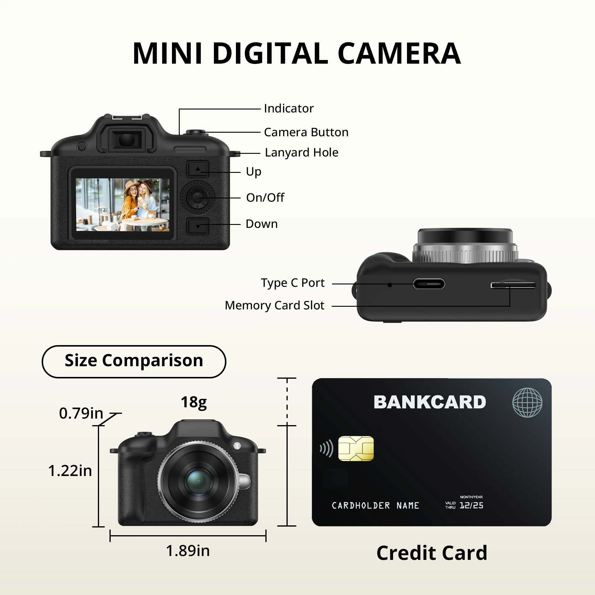 Vintage Mini Black Keychain Camera, 1080P HD Video & 2MP Photos, 32GB Card, 5 Filters & Flash, 0.96