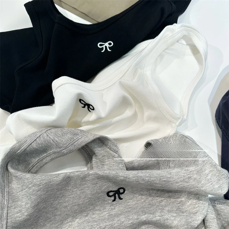 

Элегантный укороченный топ с вышивкой на бретелях, женская приталенная эластичная базовая рубашка, летний модный топ для студентов, повседневный стиль