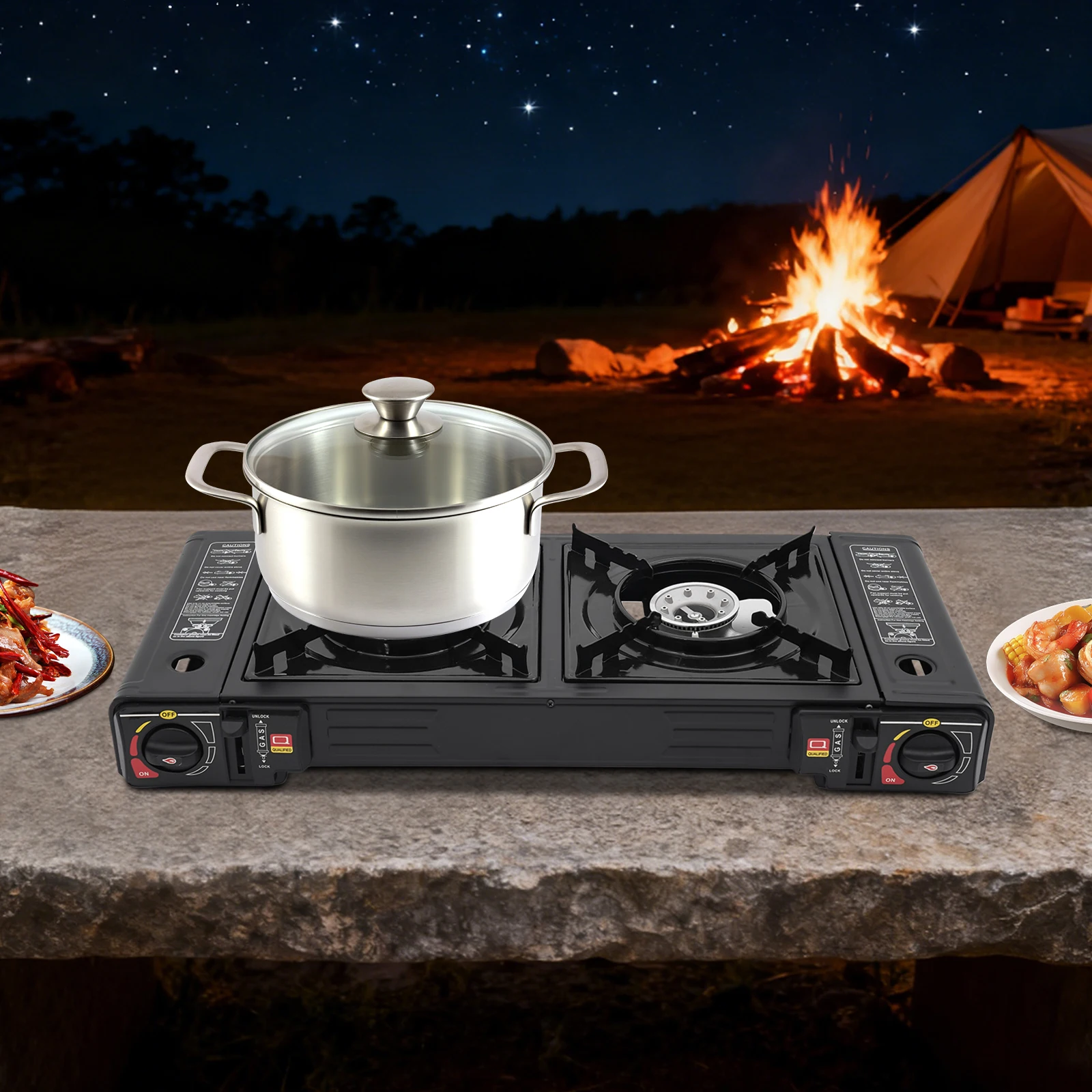 Doppelkopf-Grill-Gasherd, 63 x 26 x 12 cm, mit Handbox, Campingkocher mit Backblech und tragbarem Koffer zum Kochen im Freien usw – Detail 5