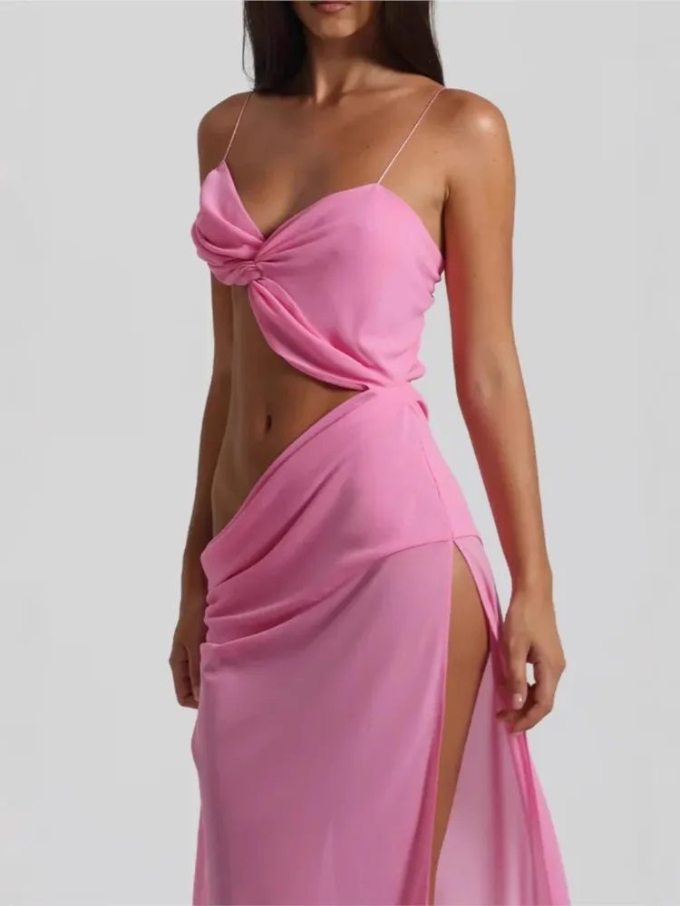 الصلبة اللون مثير السباغيتي حزام سليم شق فستان طويل المرأة الجوف خارج عارية الذراعين انظر من خلال أكمام فستان حفلة الشاطئ الصيف #4