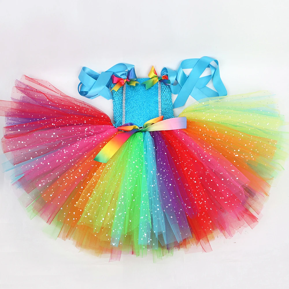 Sparkly Rainbow Fairy Costumes for Girls Glittery Colorful Candy Dress for Kids Halloween Christmas Tutus Birthday Wings Outfits