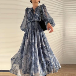 French Style Elegant Print Dress for Women 2023 Summer Fashion Chic Long Sleeve Lace-up Female Dress Temperament Midi Dresses