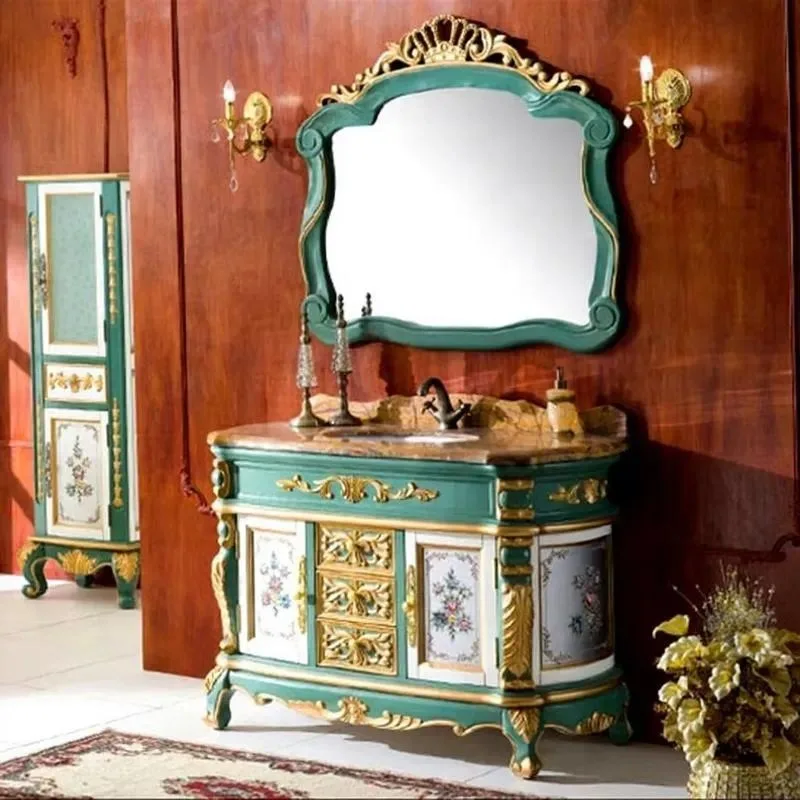 Custom European Retro Solid Wood Vanity Bathroom Cabinet with Antique Mirror Copper Ceramic Wash Basin Luxury Villa Style