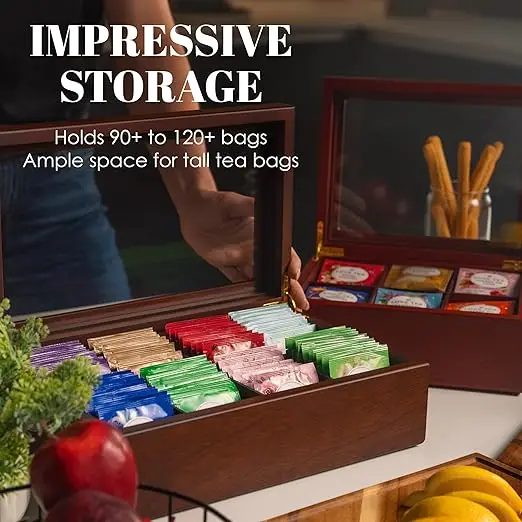 Acacia Wood Tea Bag Organizers Wooden Teabag Holder Containers Storage Box with 8 Compartments and Clear Acrylic Top Window