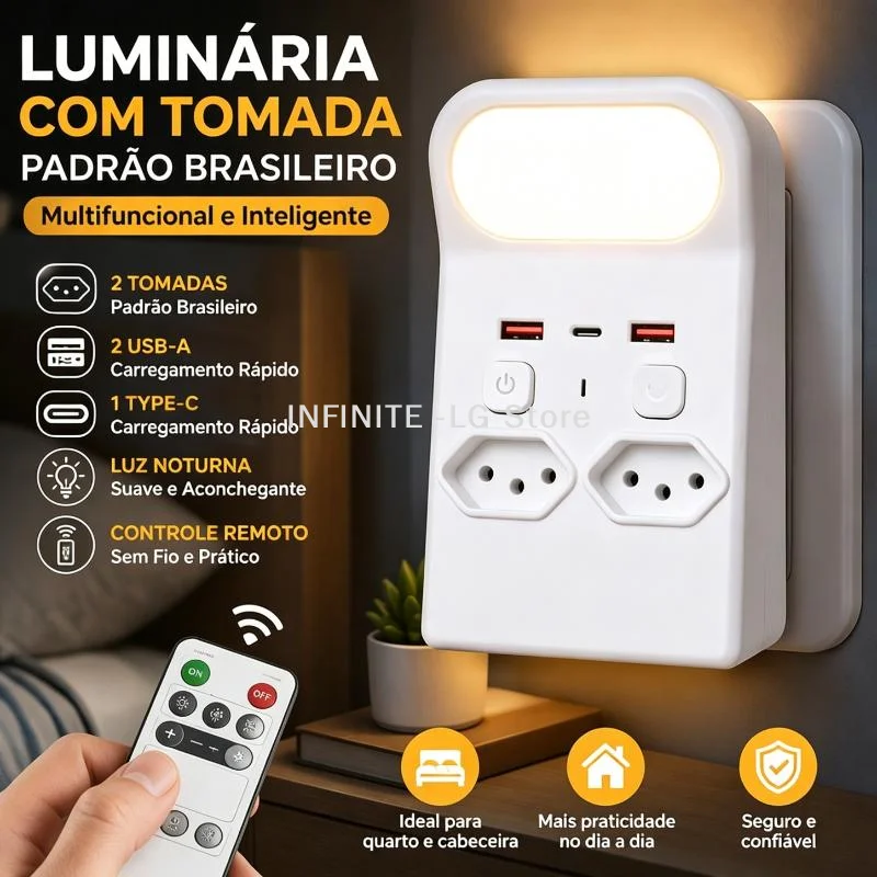 Brazilian Standard Type N Wall Outlet Adapter With Night Light, Remote Control, 2 AC Sockets, 2 USB-A & 1 USB-C Charging Ports