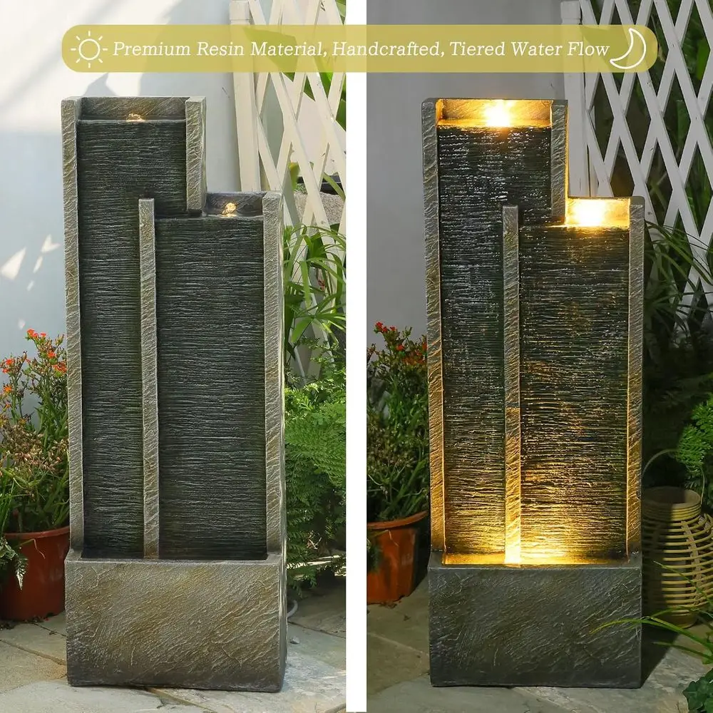Tiered Waterfall Mountain with Lights – Indoor Regular Water Feature - 35.4H for Deck, Patio, Porch, Garden, Yard Decor Standing