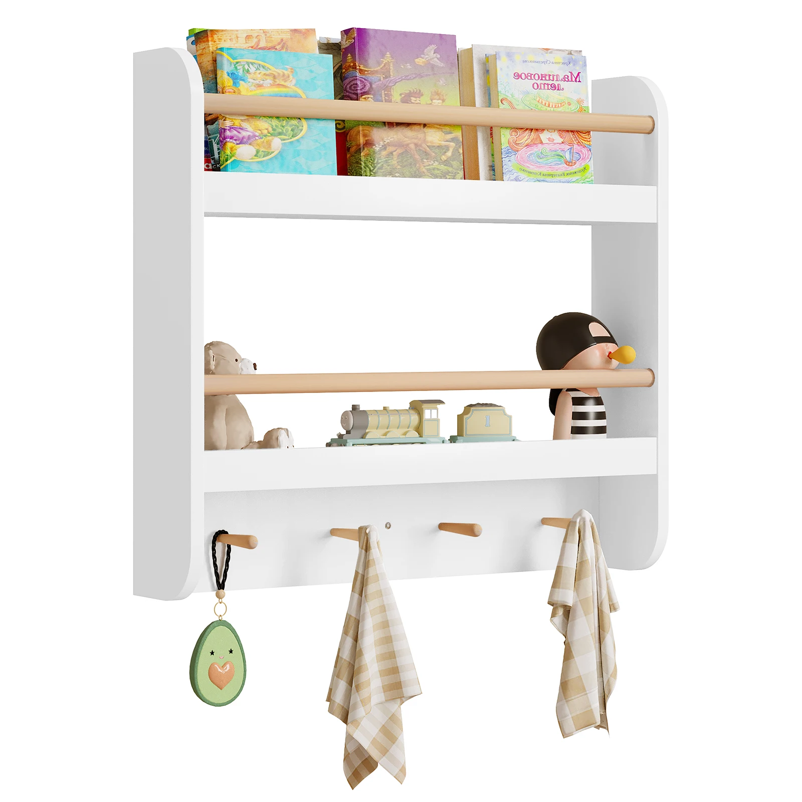 WOLTU 60 x 12 x 55 cm Kinder-Bücherregal, Kinder-Wandregal, Spielzeug-Aufbewahrungsregal, Kinder-Bücherregal mit 2 Regalen und 4 Haken für den Kindergarten