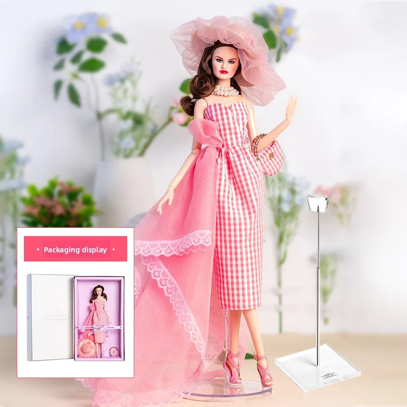 

32cm Supermodel Doll With Clothes With Doll Holder Suit Fashion Pink Plaid Skirt Princess Dress Up DIY Toys Collector Gifts Box