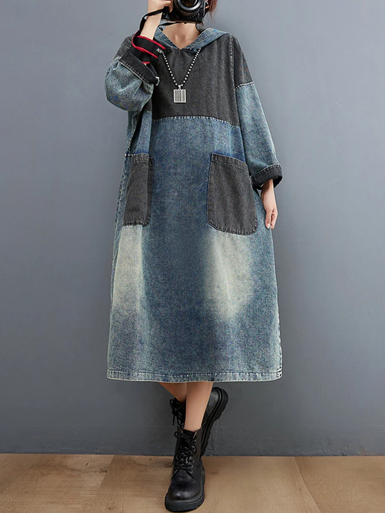 Max LuLu 2022 Winter Women Loose Vintage Hooded Design Denim Dresses European Style Casual Patchwork Long Vestidos Pockets Dress