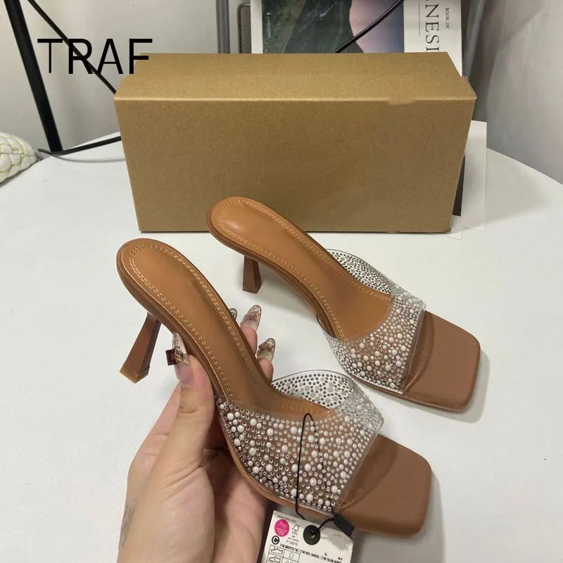 

TRAF Heeled Sandals Women Summer Fashion Rhinestone Square Head Pearl Slingback High Heels Sandals Elegant Women Heeled Shoes