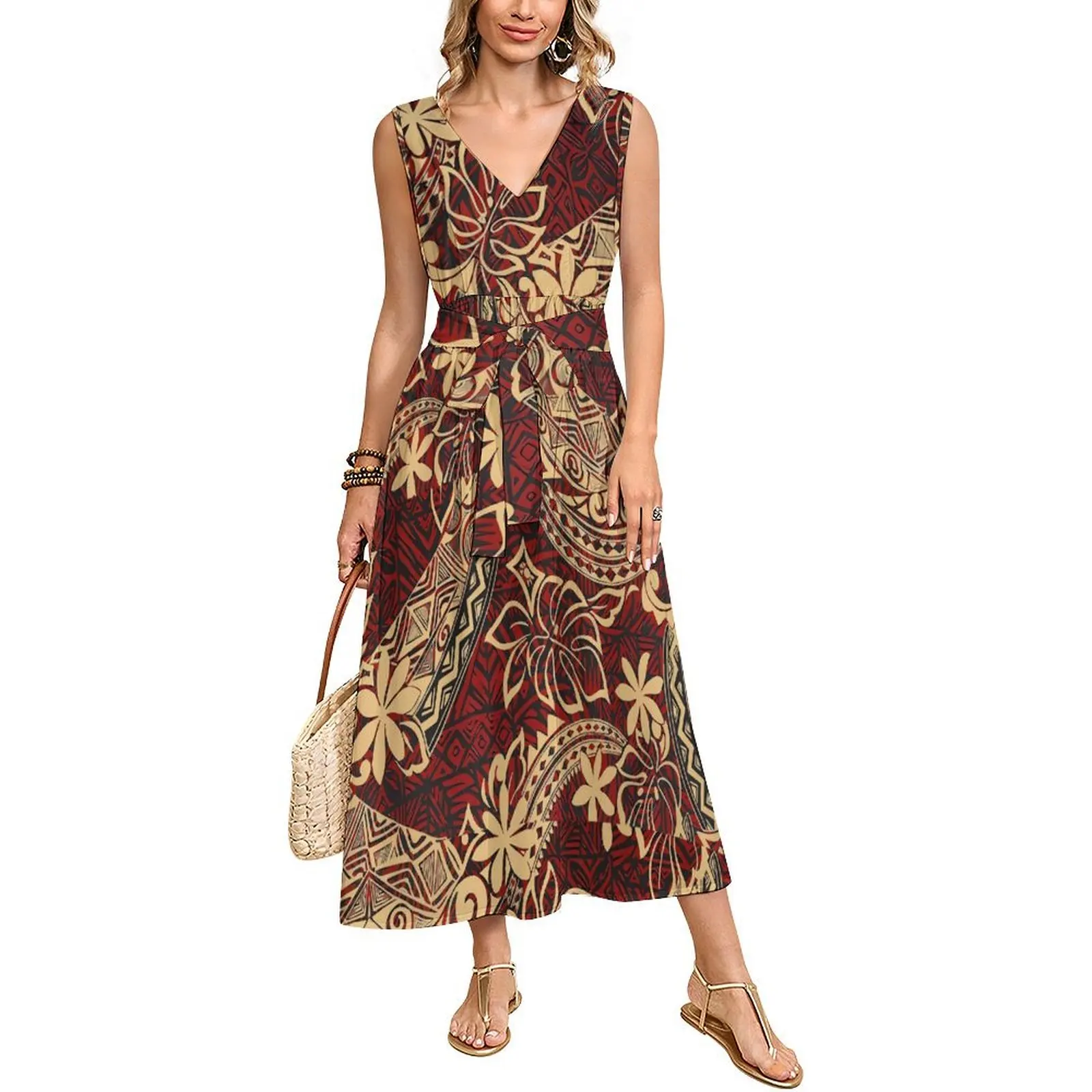 

Жилет с v-образным вырезом, без рукавов, с длинной завязкой на талии, на шнуровке, женское платье, одежда из полинезийской мягкой ткани на заказ