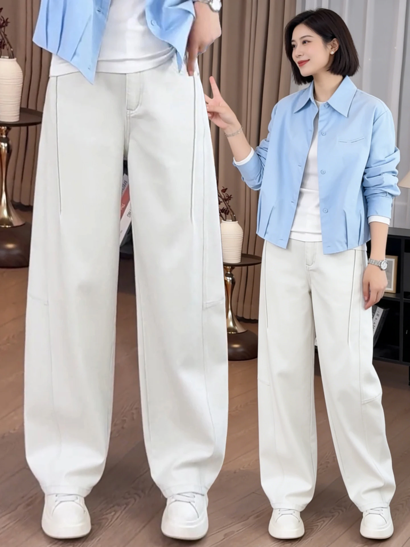 

Женские джинсы с высокой талией и широкими штанинами, весна-осень, новый стиль, популярная узкая модель, прямой крой, повседневные, из смесового хлопка