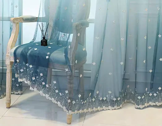 European and American Style Light Luxury Blue Gradient Gem Embroidery Curtains Living Room Bedroom Balcony Blackout Curtains