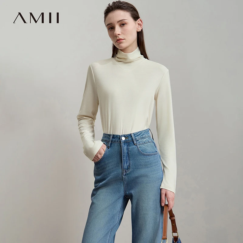 

AMII 2025 New Arrival Autumn T-Shirt Pleated Heaps Collar Base Knit Tops Solid Long Sleeves Casual Slim Women Pullover 12523046