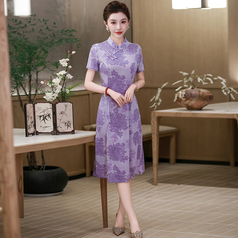 Summer Cheongsam collar Broken Flowers Midi Dress Female Clothing Vintage Chinese Disc Buckle Elegant A-Line Waist Dresses