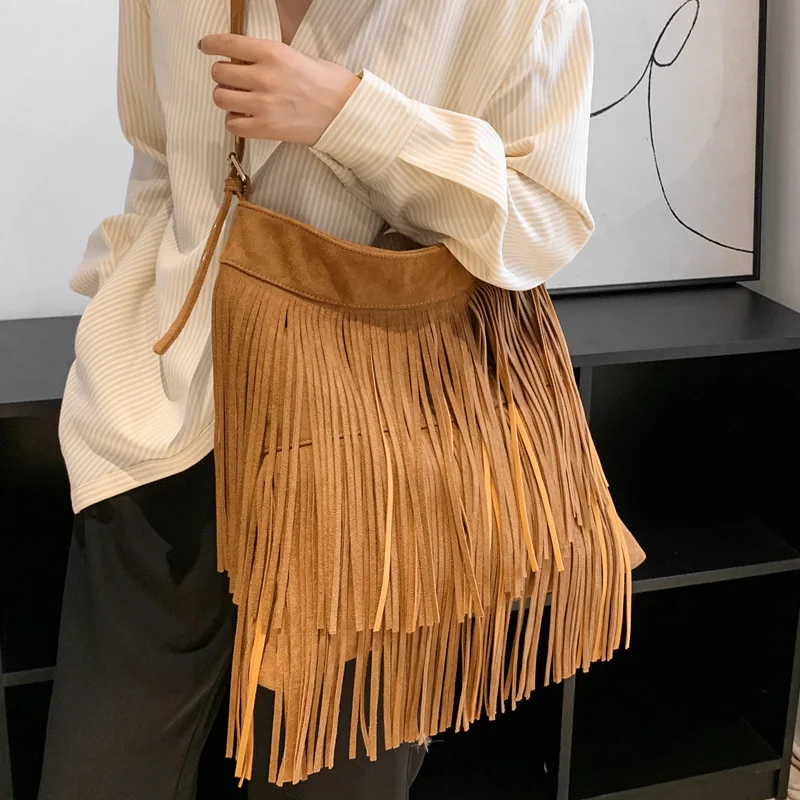 Fashion Fringed Women Shoulder Bag Suede PU Leather Tassel Crossbody Bag High Capacity Female Travel Purse Bags for Women